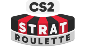 Logo for CS2 Strat Roulette featuring a circular badge with the CS2 logo at the top, red and black segmented wheel, and the words STRAT ROULETTE prominently displayed in a bold, white font
